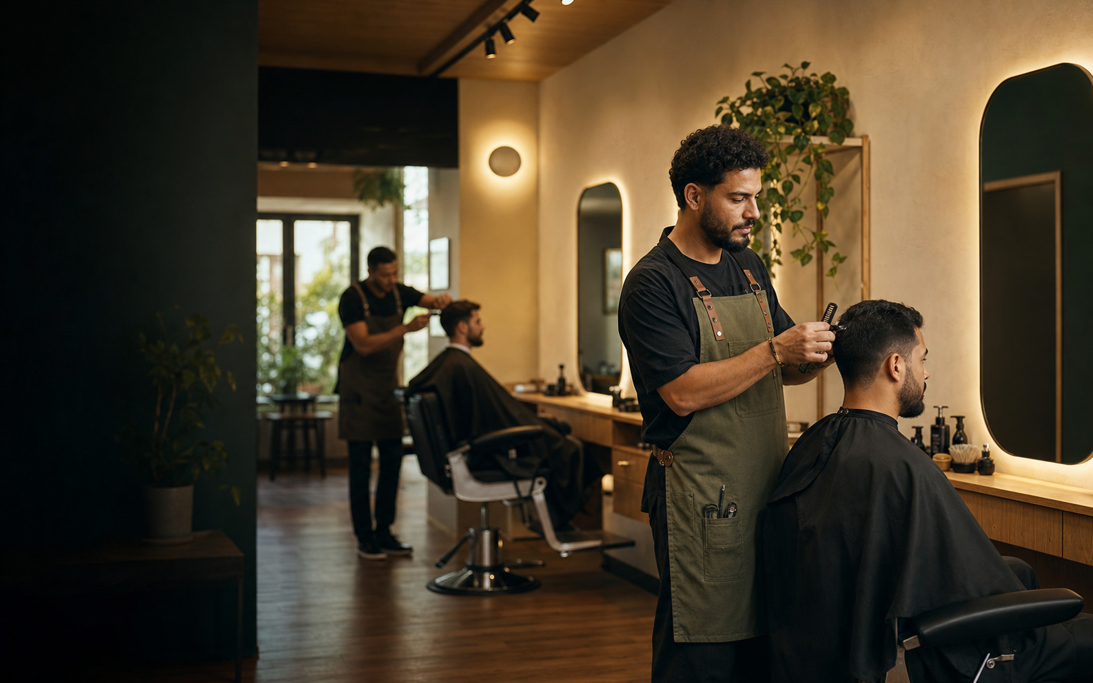 Profissionais atendendo clientes em uma barbearia moderna